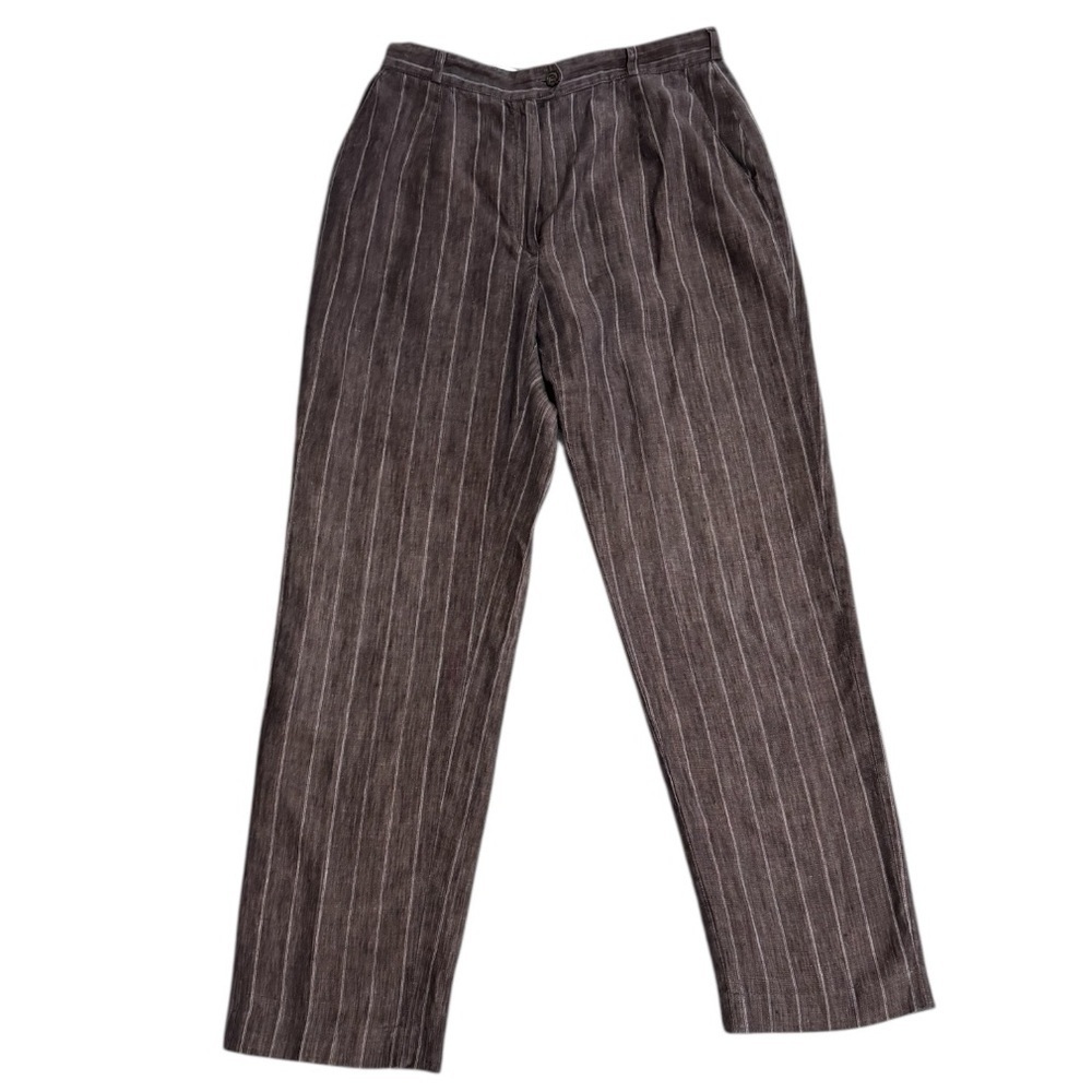BRIGHTON Brown Pin Stripes Linen Pants Preppy Work 12 14 46 High Waist Trousers